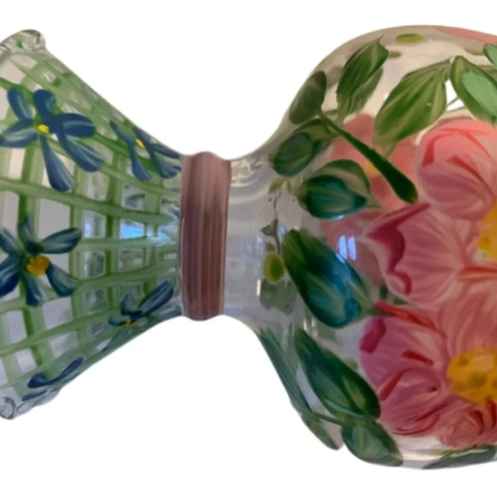 Hand-Painted Pink Green Ruffled Edge Checked Floral Vase by Tracy Poter 6.5